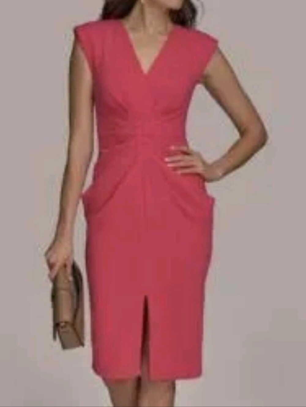 Donna Karan Sleeveless V-Neck Pink Ruched Sheath Dress Sz 6P NWT